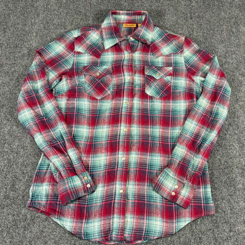 Wrangler Womens Red Teal Plaid Western Pearl Snap Flannel Shirt Size S